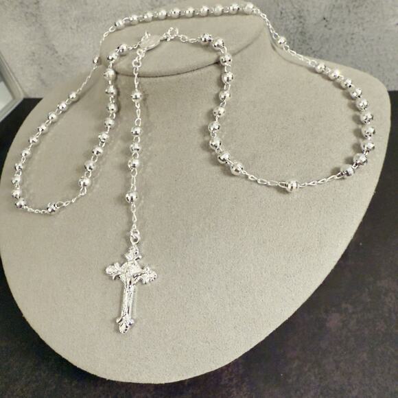 20in Long Rosary Beads Necklace Solid 925 Sterling Silver ITALY 4.8mm-NEW - Picture 9 of 13
